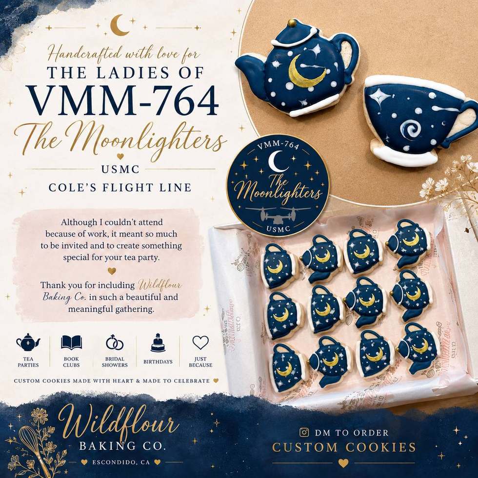 Navy and gold moon themed tea party cookies made for a military squadron gathering