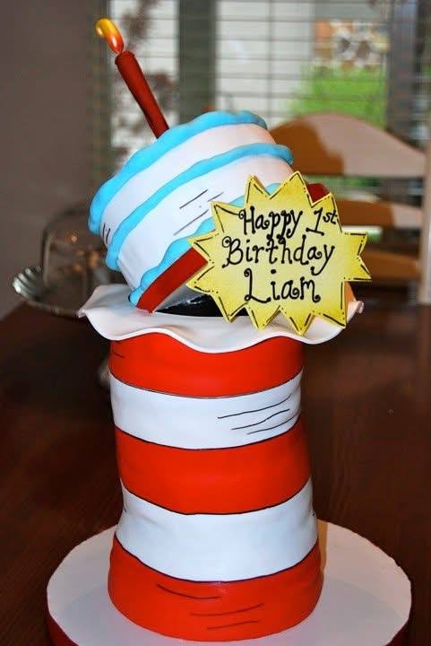Cat in the Hat themed first birthday cake