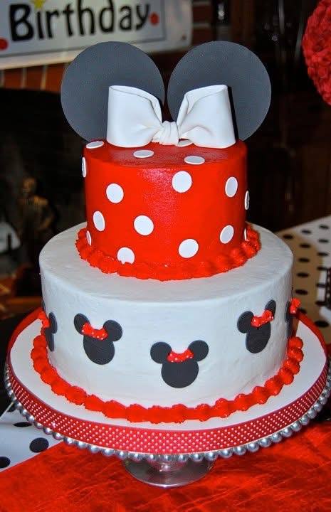 Red and white Minnie Mouse themed birthday cake