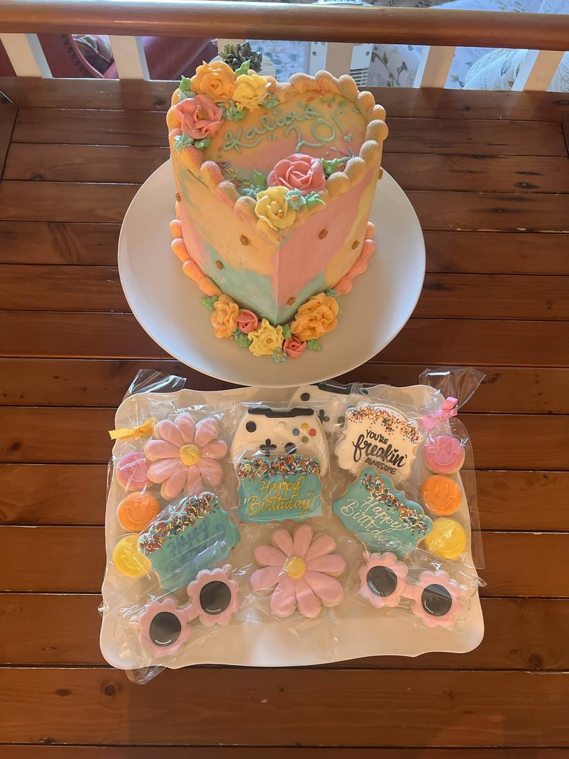 Heart shaped pastel ombre birthday cake with matching cookies