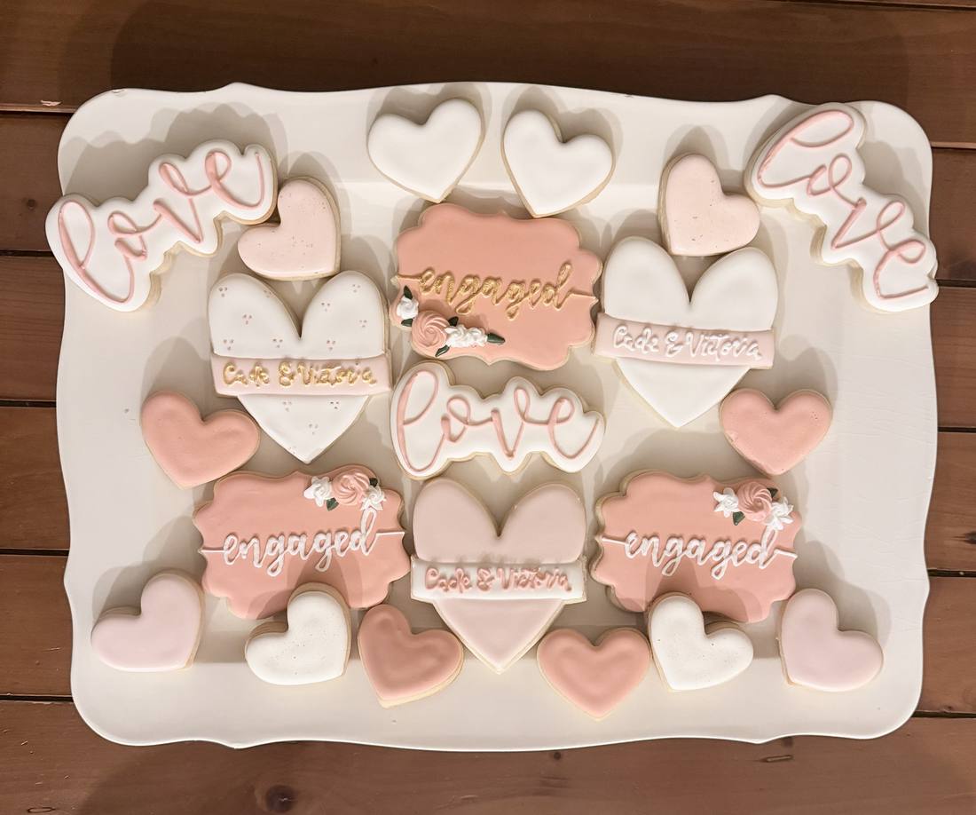 Blush pink engagement themed cookie platter