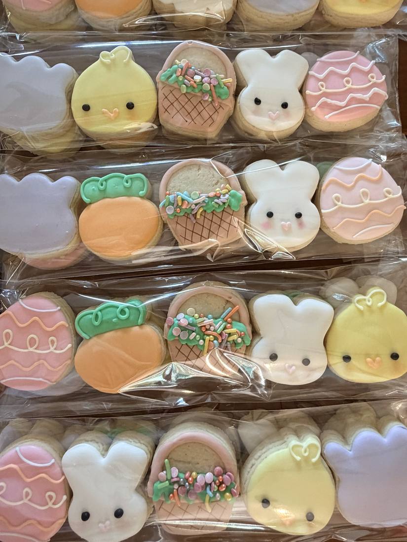 Sheet of pastel Easter cookies including bunnies chicks and eggs