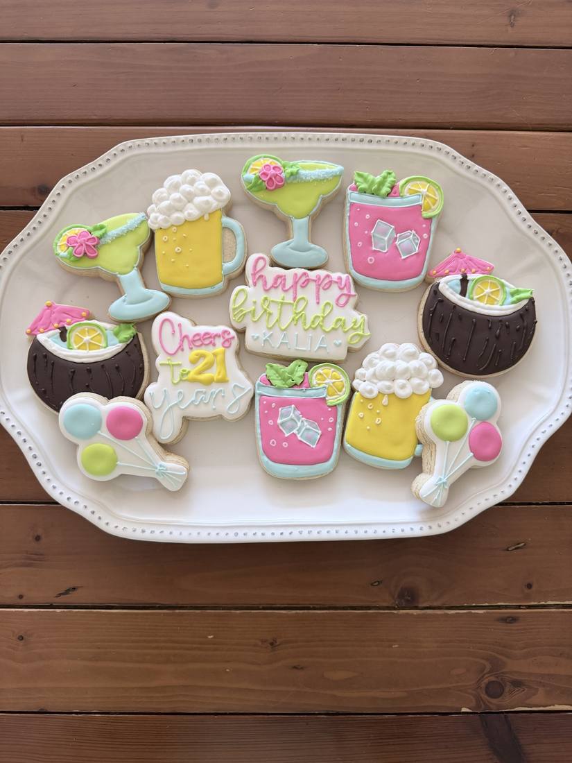 Cocktail themed 21st birthday cookie platter