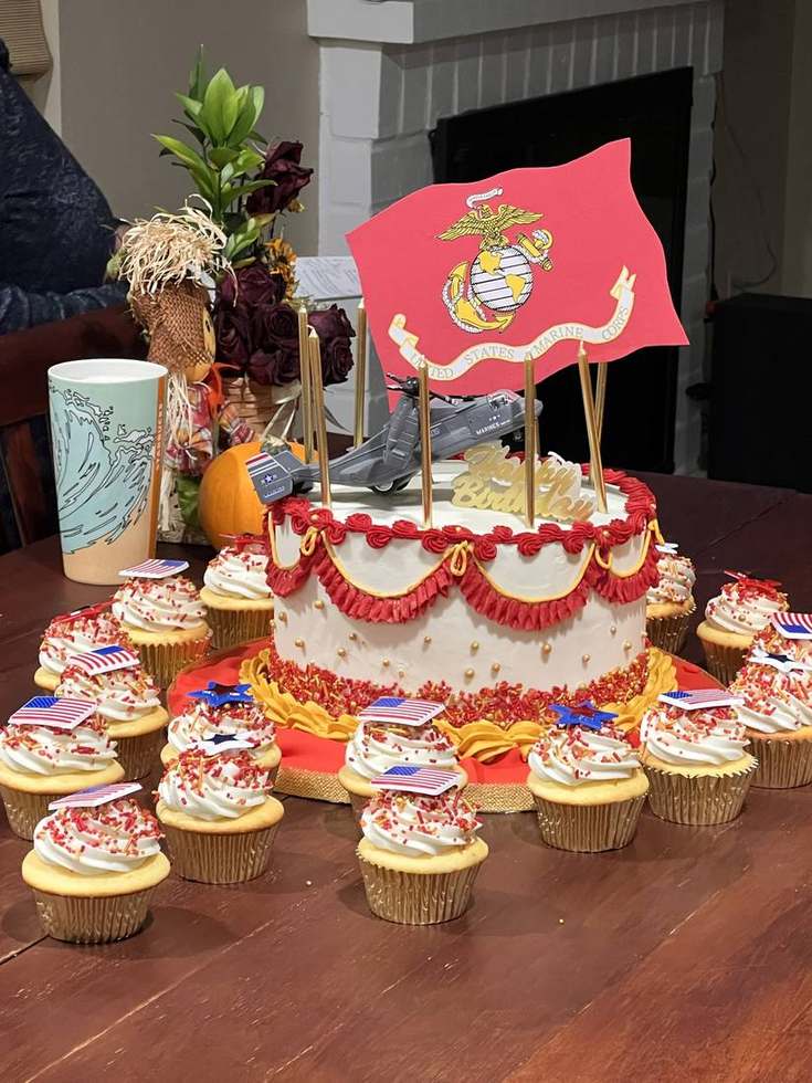 Marine Corps birthday cake with matching cupcakes