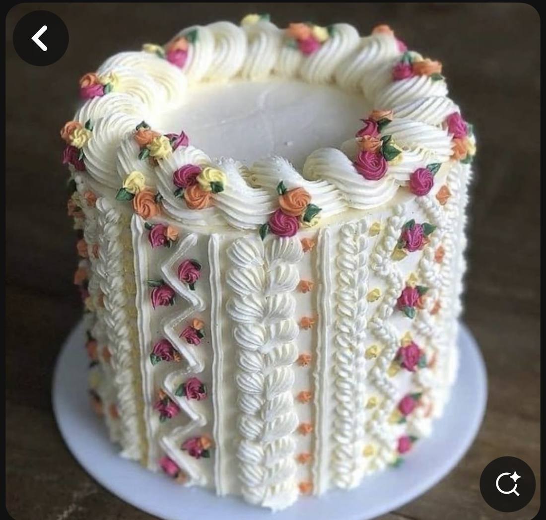 Close up of elegant hand piped buttercream cake with rosettes