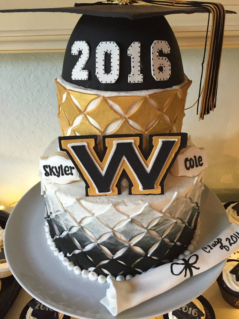 Black gold and silver ombre graduation cake with a W monogram and 2016 cap topper