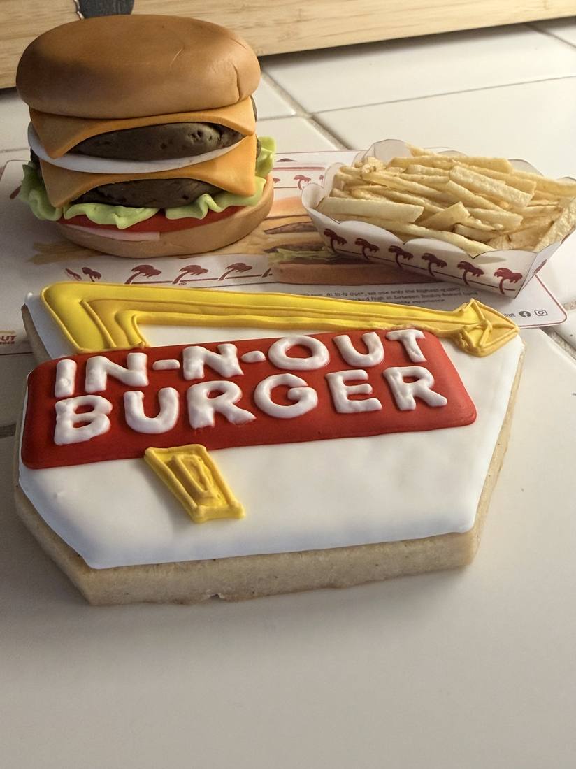 In-N-Out themed cookie set with a sculpted burger, fries and hand-piped sign
