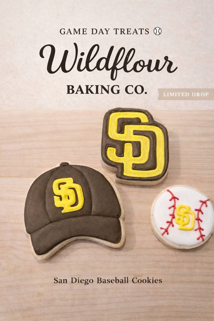San Diego Padres game day cookies: a ball cap, SD logo and baseball